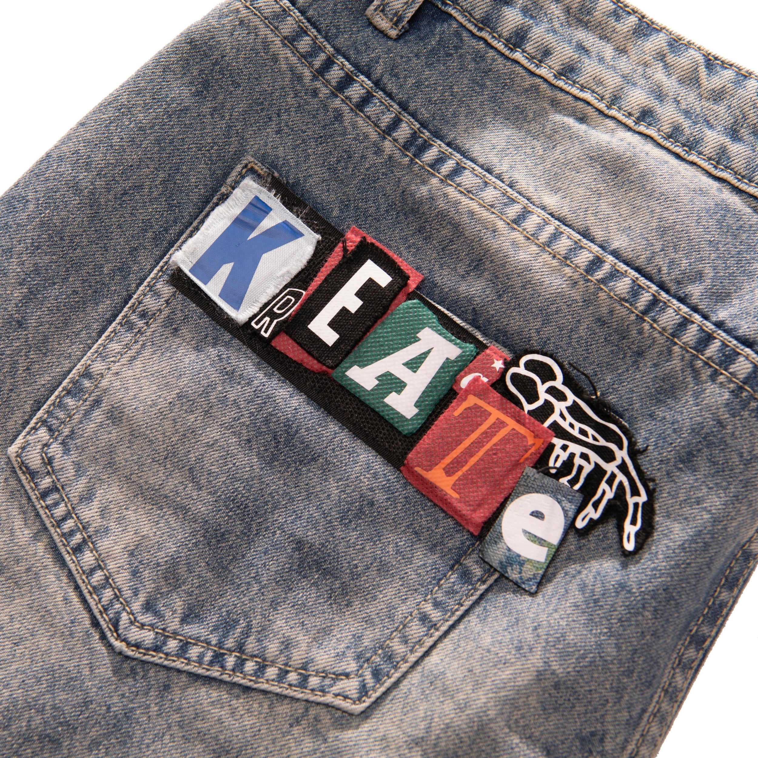 KREATE, WASHED DENIM FLARED PANTS - VELKRO PATCHES - KREATE